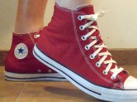 Chili Paste Red High Top Chucks  Wearing chili paste red high tops, right side view 2.